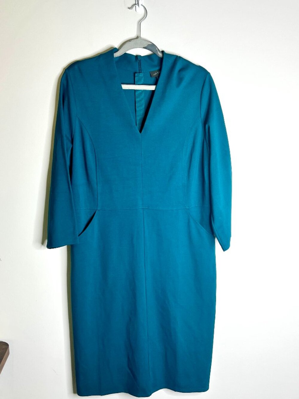 J. Jill WearEver Collection Dark Teal Sheath Dress V-Neck Modest Career Pockets